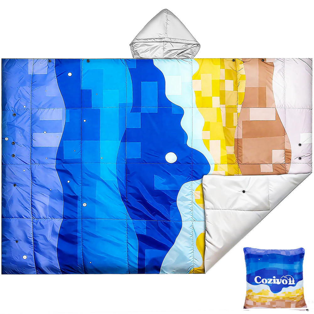 Cozivo camping blanket hood-wearable shows hands-free warmth for chilly camping nights.