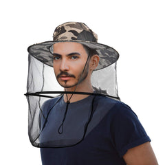 CozyCabin mosquito head net hat in gray camouflage – front view with hidden mesh