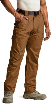 CQR men's quick dry work pants copper brown front view for mobility and comfort