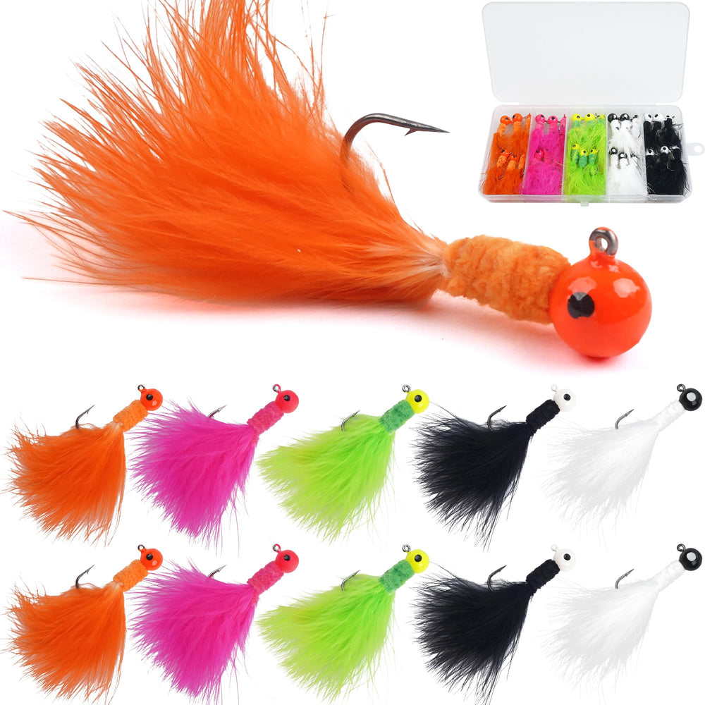30-piece crappie jig assortment in a tackle box with marabou feather jig heads in red, white, black, green, and orange