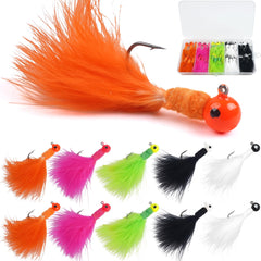 30-piece crappie jig assortment in a tackle box with marabou feather jig heads in red, white, black, green, and orange