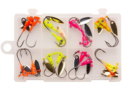 Shad dart lure set in neon orange, bright chartreuse, hot pink, and striped orange colors