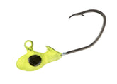 Crappie Pro Overbite Sickle Mo'Glo jig head glowing chartreuse for night fishing.