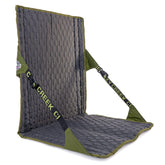 Crazy Creek HEX 2.0 LongBack chair folded for compact carry, ideal for backpacking comfort.