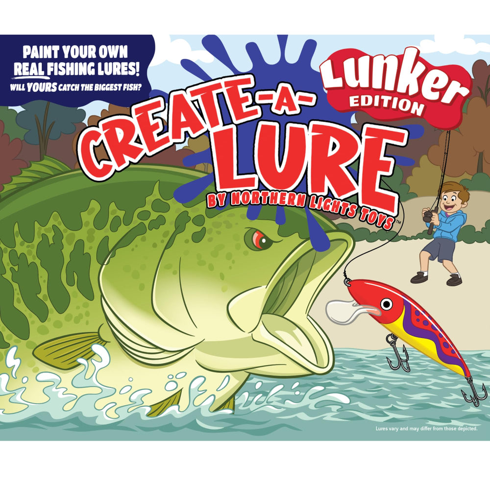Create-A-Lure Lunker Edition kid-friendly lure making kit with paints, brushes, and 2 lures for kids' arts and crafts