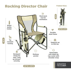 Creative Outdoor Collapsible Rocking Director Chair with magazine pocket for reading.