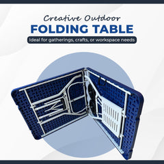 Creative Outdoor folding table with retractable chairs rack for gear access.