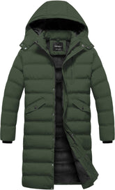 CREATMO US mens bubble jacket long puffer coat army green outer layer blocks wind and moisture.
