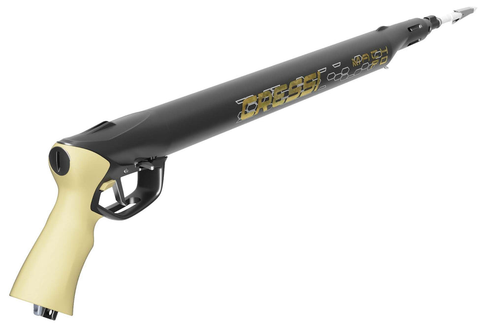 Cressi Mach pneumatic speargun with offset shaft for easier aiming and accuracy.