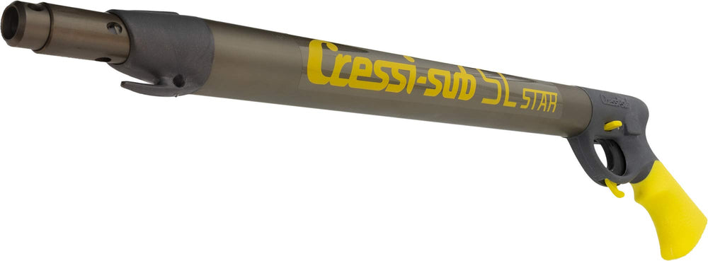 Side view of Cressi SL Star 40 16-inch pneumatic spear gun in silver and yellow