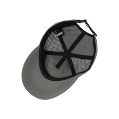 Back view showing adjustable plastic buckle on gray cap