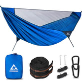 CROSSHIP camping hammock blue folded compactly for travel and quick setup.