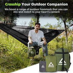 CROSSHIP hammock demonstrates easy setup with included tree straps and rope.