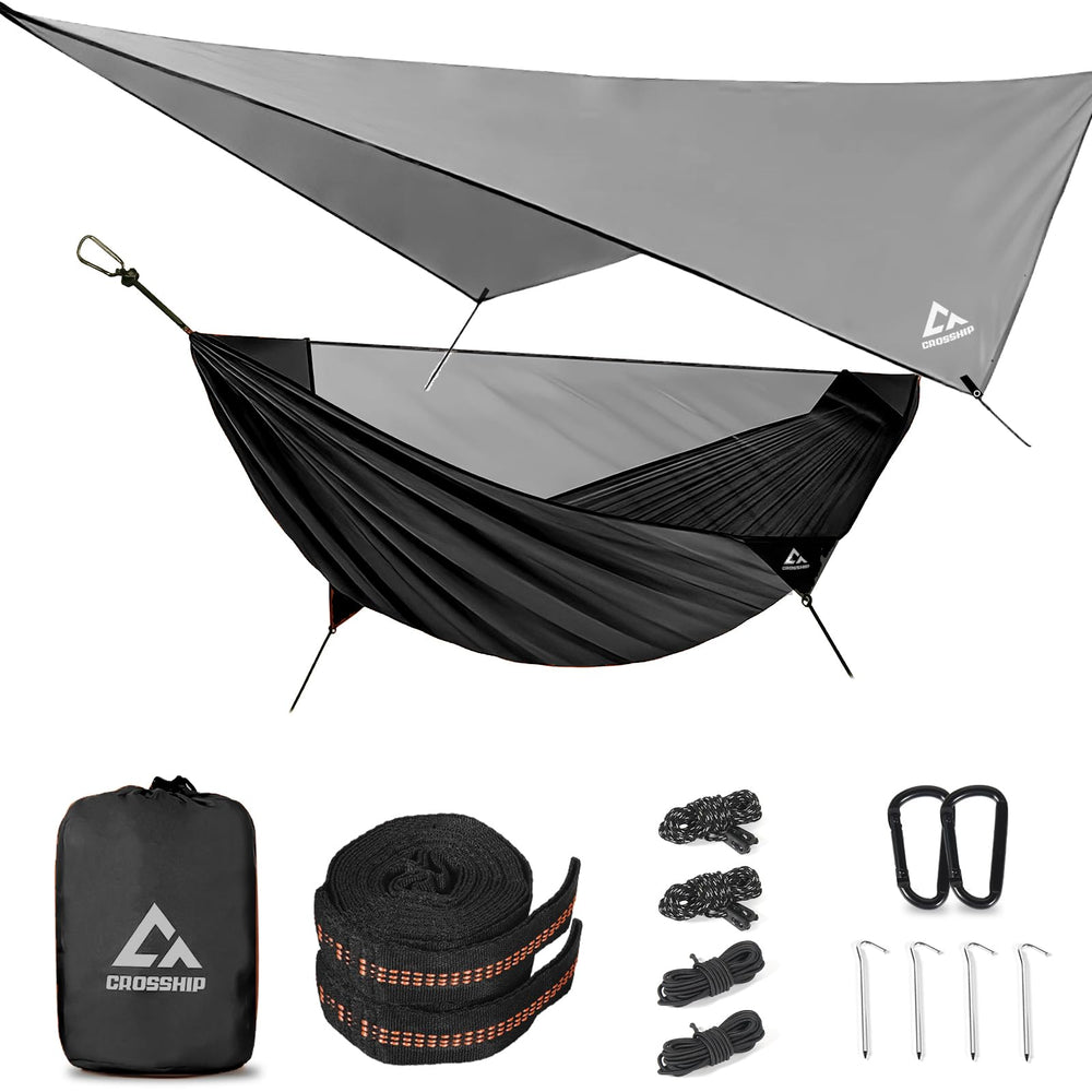 Crosship camping hammock setup demonstrates quick, sturdy assembly for outdoor adventures.
