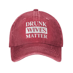 Cryptomancy Drunks Wives Matter hat front view in red, ideal for casual daily wear
