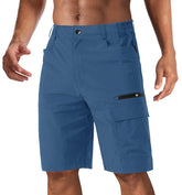 CRYSULLY mens hiking cargo shorts blue grey front view highlighting quick-dry ripstop fabric for active travel.
