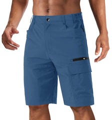 CRYSULLY men's hiking short front view promotes outdoor readiness and five-pocket utility.