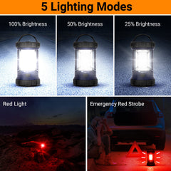 CT CAPETRONIX lantern shows five lighting modes including red night mode for camping efficiency.