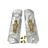 CT Grips 1911 full-size white pearl Saint Jude emblem showcases durable luxury and faith-inspired style.