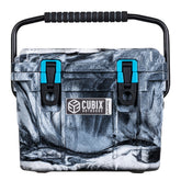 Cubix Outdoors QuadraX 10QT cooler in winter camo, ruggedly designed for camping trips.