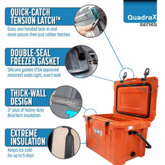 Cubix Outdoors QuadraX 20QT cooler with bottle opener on display.