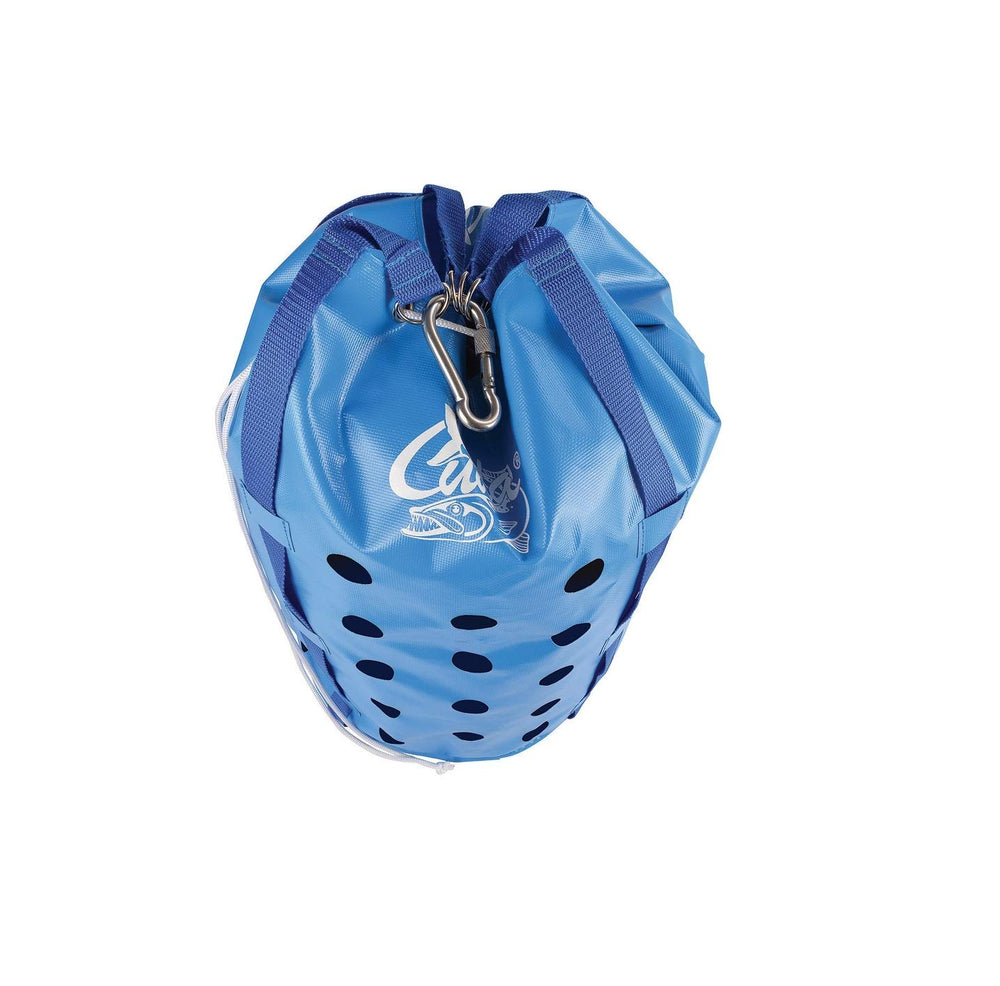 Cuda 5-gallon blue chum bag, tear-resistant and ready for saltwater towing.