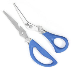 Multifunction Cuda marine shear showing bottle opener and serrated edge