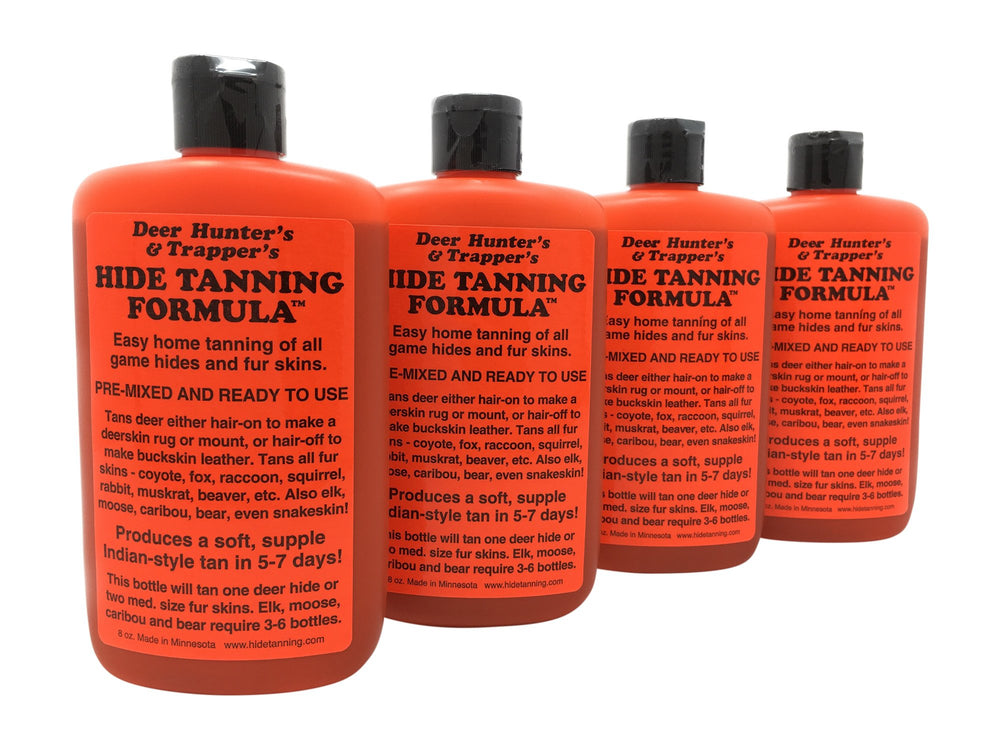 Cumberland's Deer Hunter hide tanning bottle closeup for easy on-site tanning.