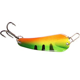 Custom Jigs SL18-P-214 Pro Slender Spoon in gold firetiger, close-up for ice fishing lure detail