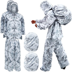 Cutecrop winter camo suit hood over helmet demonstrating snow concealment for field hunts
