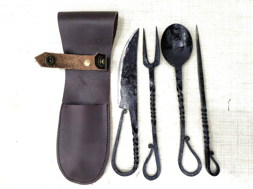 Cutlery Set Hand Forged Medieval Viking spoons and forks for immersive camping meals.