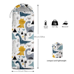 CVHOUSE dinosaur sleeping bag open hood illustrates 3-season warmth and weather resistance.