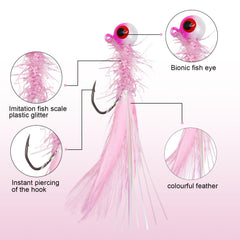 Close-up of marabou feather jig with painted head and sharp hook