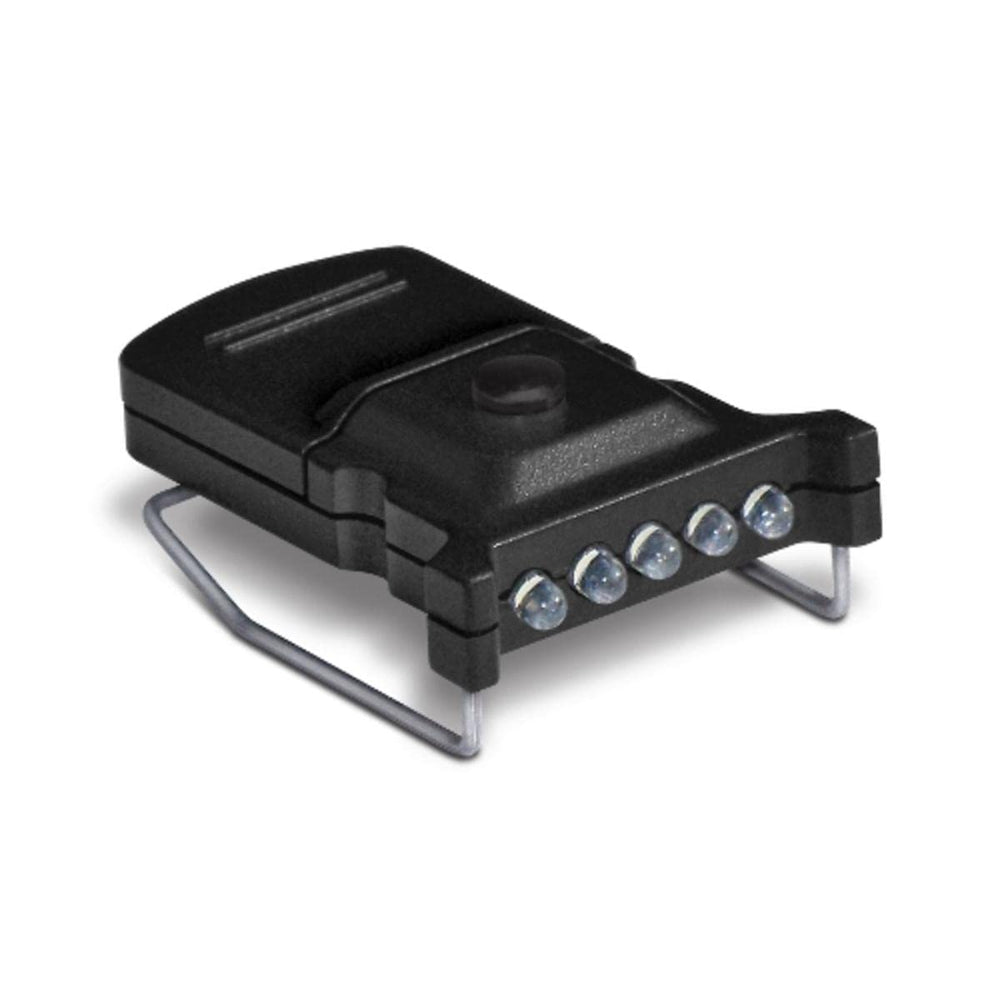 Cyclops Micro 10 Lumen hat clip light on cap for hands-free visibility.