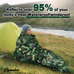 Cymuber Mylar foil sleeping bag showcases weather-resistant warmth and durability.