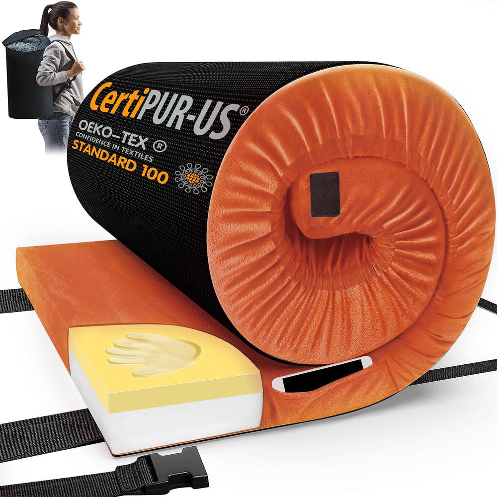 CYMULA CertiPUR-US memory foam camping mattress folded in bag for portable use.