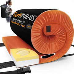 CYMULA CertiPUR-US memory foam camping mattress folded in bag for portable use.