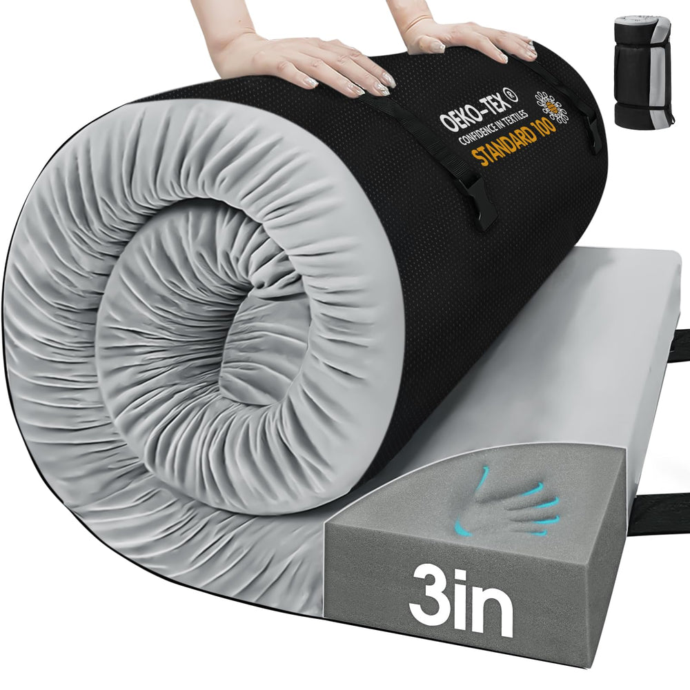 CYMULA memory foam camping mattress pad folded for compact travel.