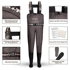DaddyGoFish all-in-one waders package demonstrates convenient setup for family outings