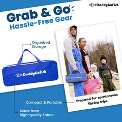 DaddyGoFish carry bag blue neatly stores gear for family outings and camping trips