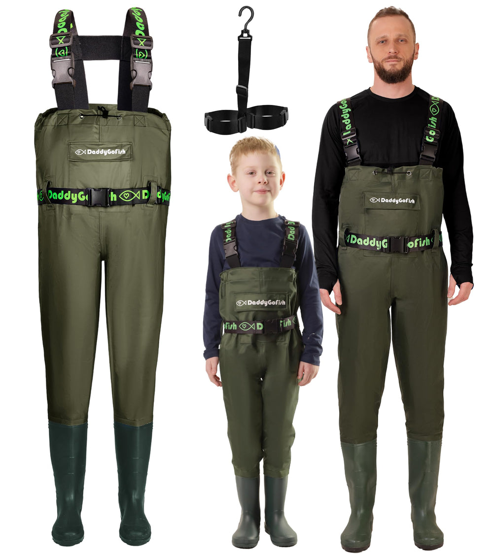 DaddyGoFish chest waders family setup demonstrate matching gear for shared fishing moments