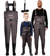 DaddyGoFish chest waders family wear show coordinated gear for bonding during lakeside fishing adventures