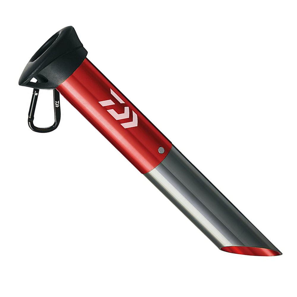 Daiwa aluminum surf stand in red stabilizes your rod during beach sessions.
