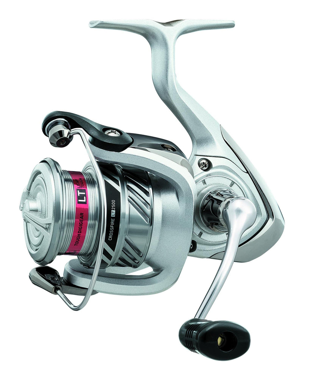 Daiwa Crossfire LT spinning reel close-up highlighting lightweight performance for extended fishing sessions