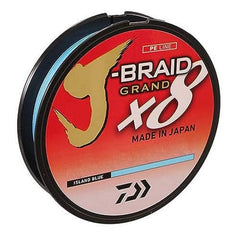 Daiwa J-Braid X8 Grand Island Blue spool shows high visibility for precise casting