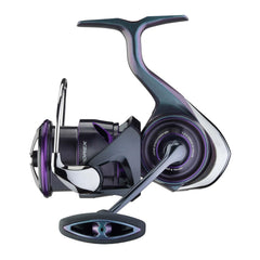 Daiwa Prorex MQ LT spinning reel, side view highlighting lightweight frame for easier casting.