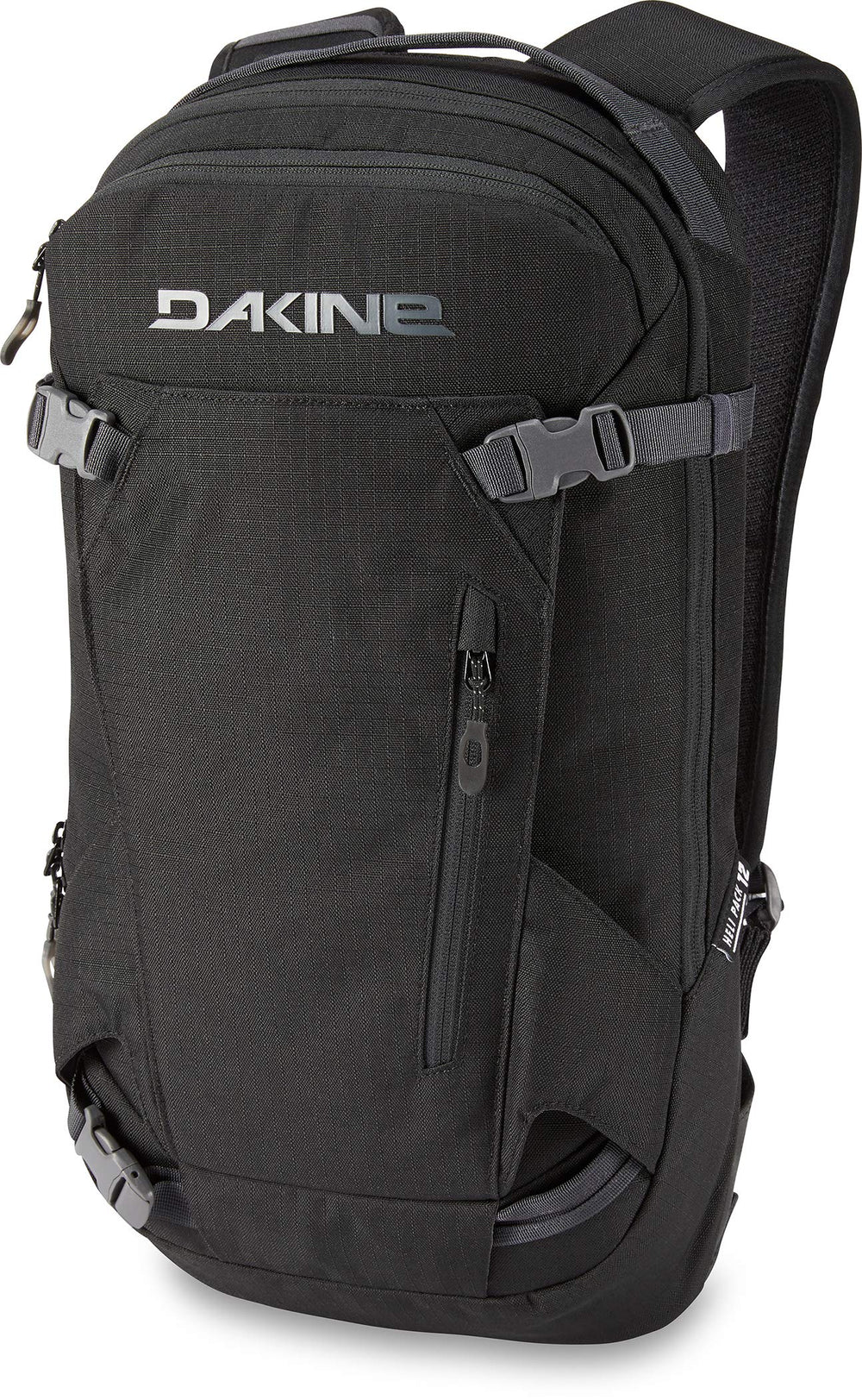 Dakine Heli Pack 12L black front view highlighting goggle pocket and hydration sleeve for on-slope access