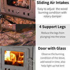 DANCHEL OUTDOOR T1 stove with wind rope rings for snow stability during camping.