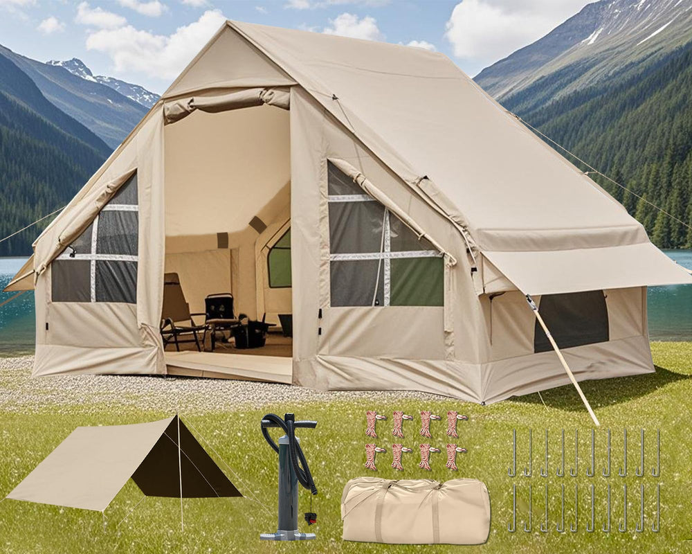 DanCoom inflatable camping tent front view showcases spacious living area for family trips.