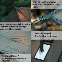 Dandelion Shell hot tent demonstrates windproof and 3000 mm waterproof protection.